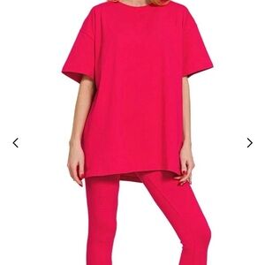 Zenana RED Round Neck Short Sleeve & Full Length Leggings Loungewear Set NEW